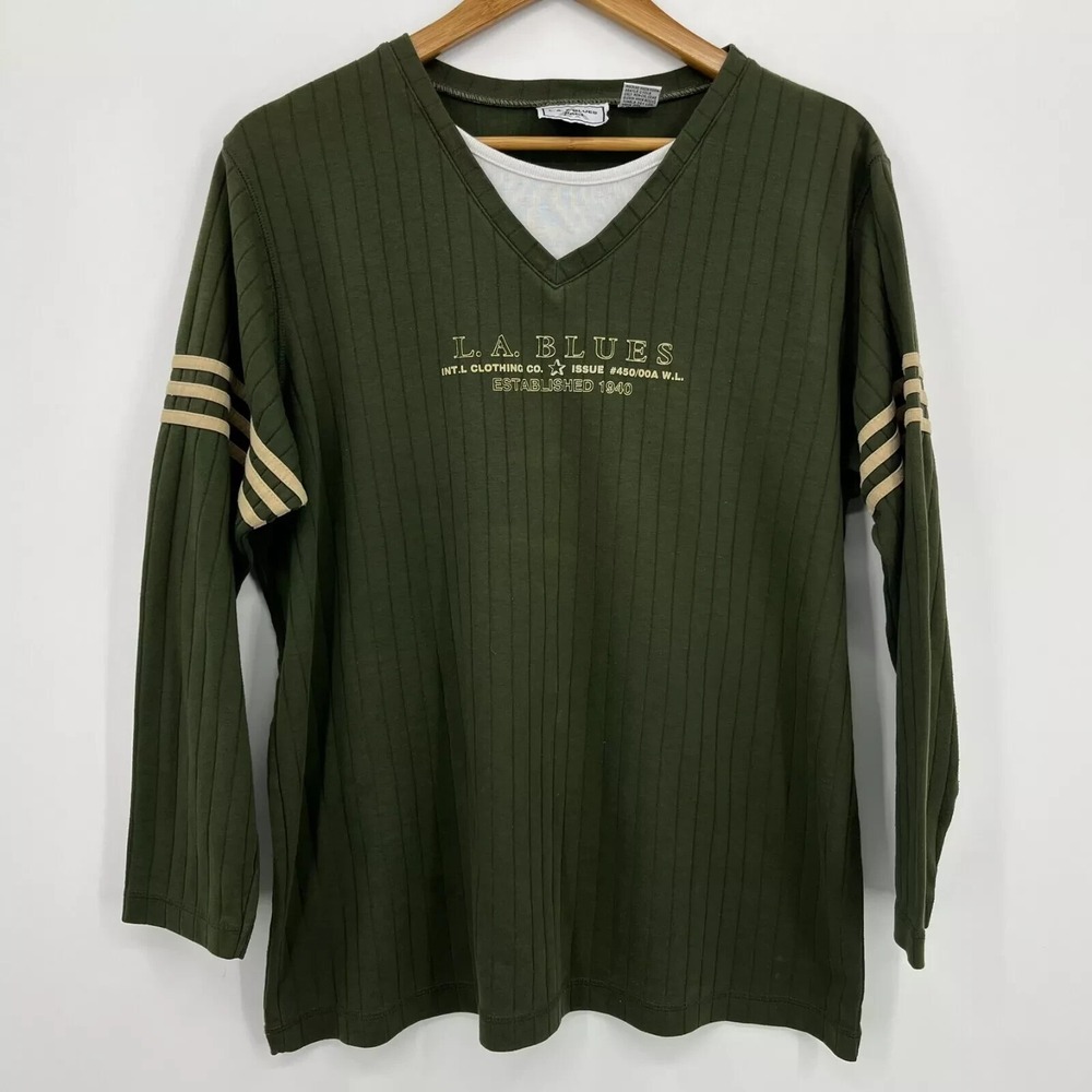 LA Blues Womens Olive Green Ribbed Long Sleeve V-Neck Layered Top Size 14/16W